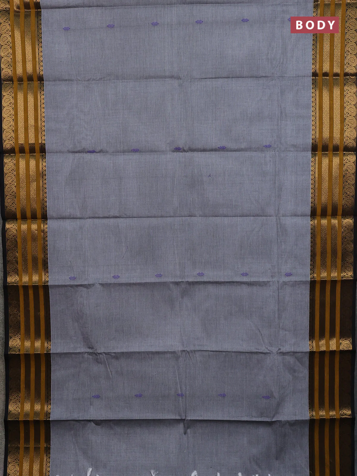 Chettinad cotton saree grey and mustard yellow with thread woven buttas and zari woven border - Image 2