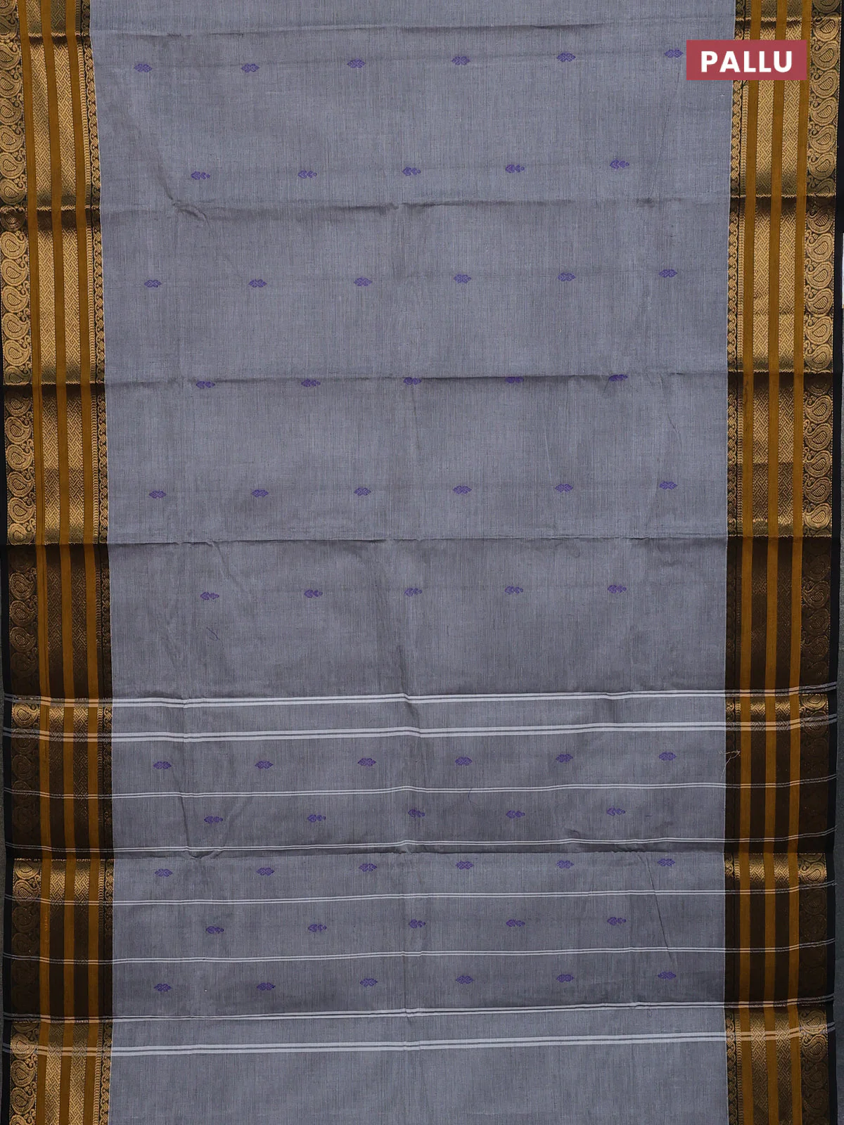 Chettinad cotton saree grey and mustard yellow with thread woven buttas and zari woven border - Image 3