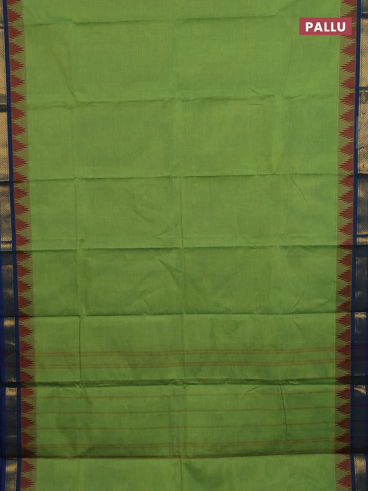 Chettinad cotton saree light green and blue with plain body and temple design zari woven border - Image 3