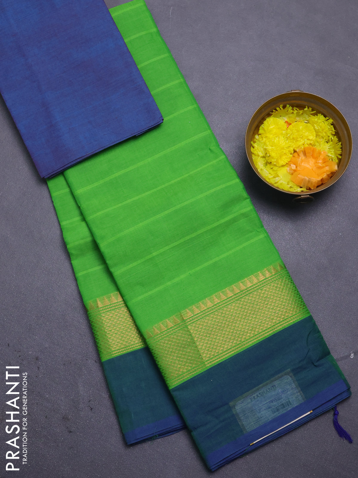 Chettinad cotton saree light green and blue with plain body and temple zari woven simple border