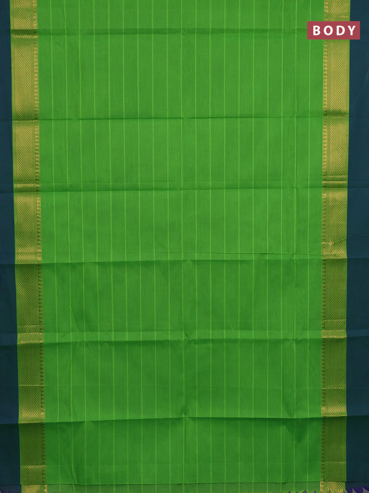 Chettinad cotton saree light green and blue with plain body and temple zari woven simple border - Image 2