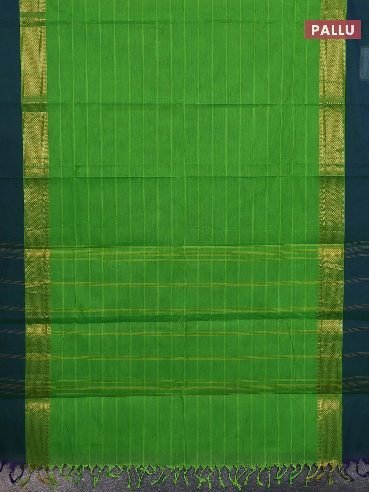 Chettinad cotton saree light green and blue with plain body and temple zari woven simple border - Image 3