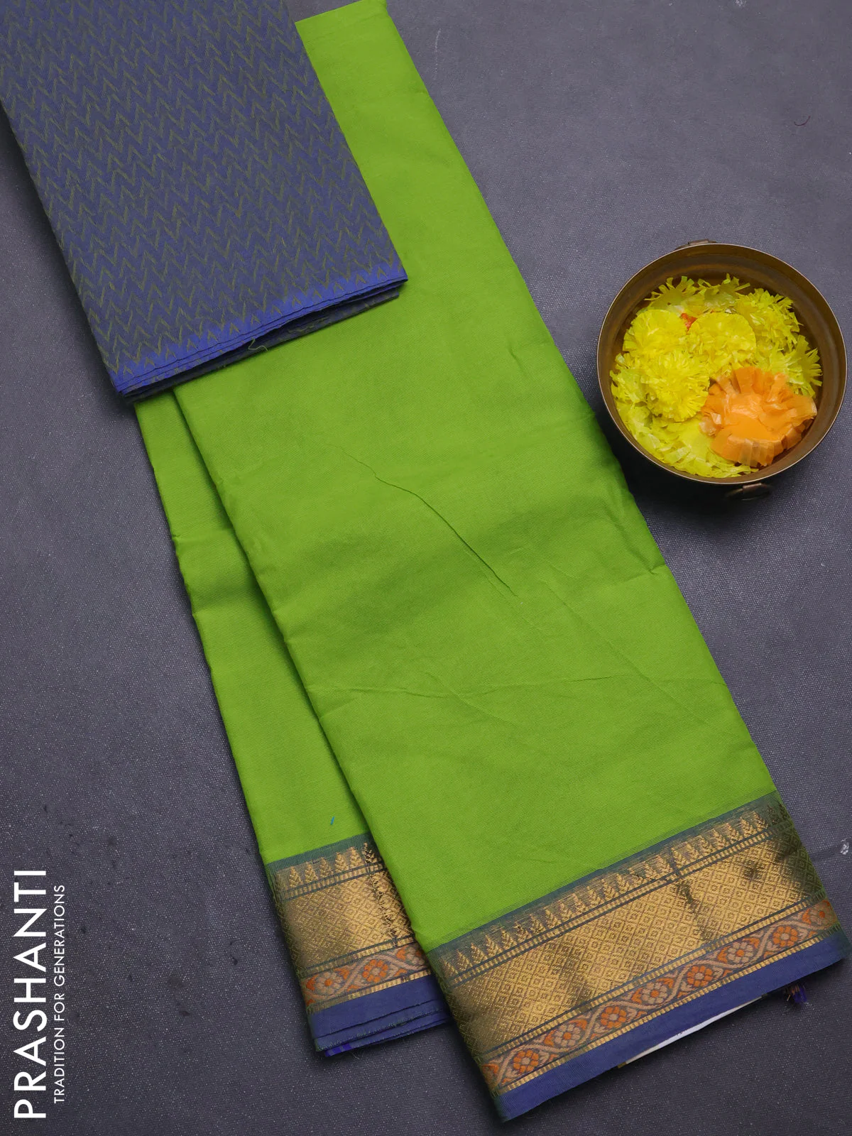 Chettinad cotton saree light green and blue with plain body and thread & zari woven border