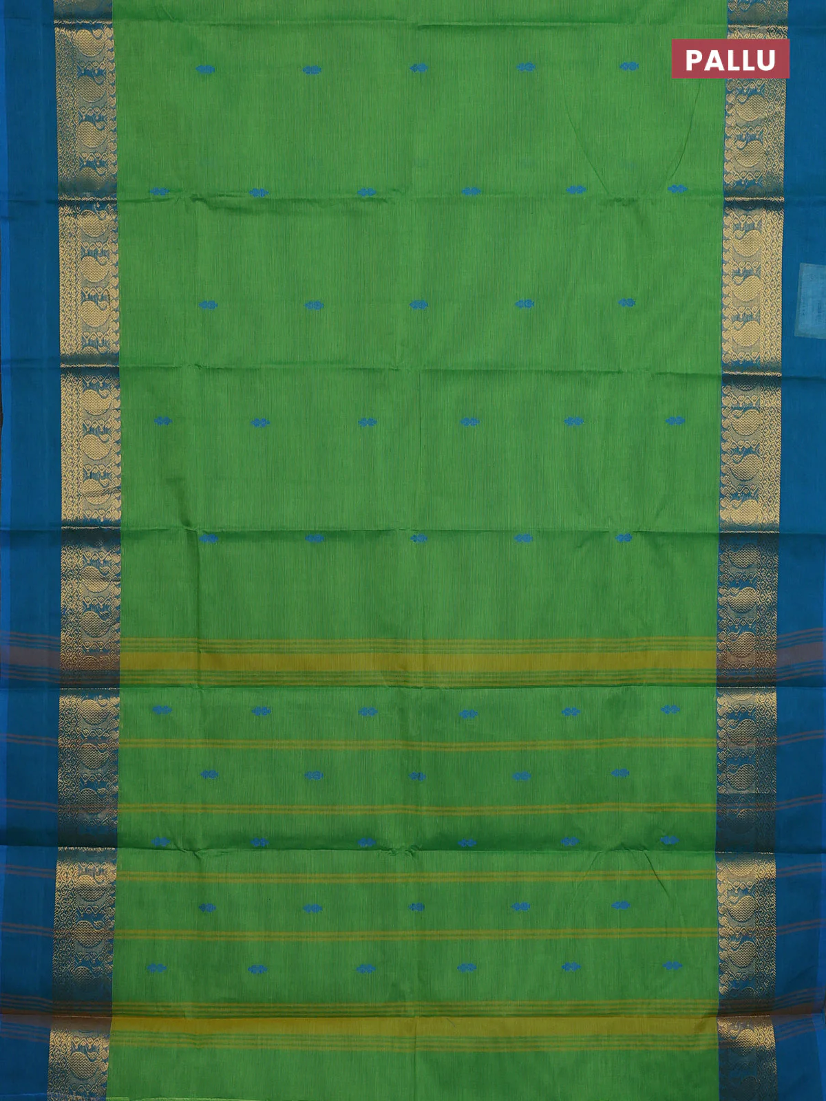Chettinad cotton saree light green and cs blue with thread woven buttas and paisley zari woven simple border - Image 3