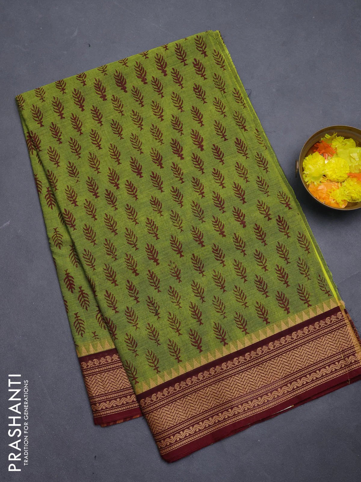 Chettinad cotton saree light green and maroon with allover butta prints and thread woven border