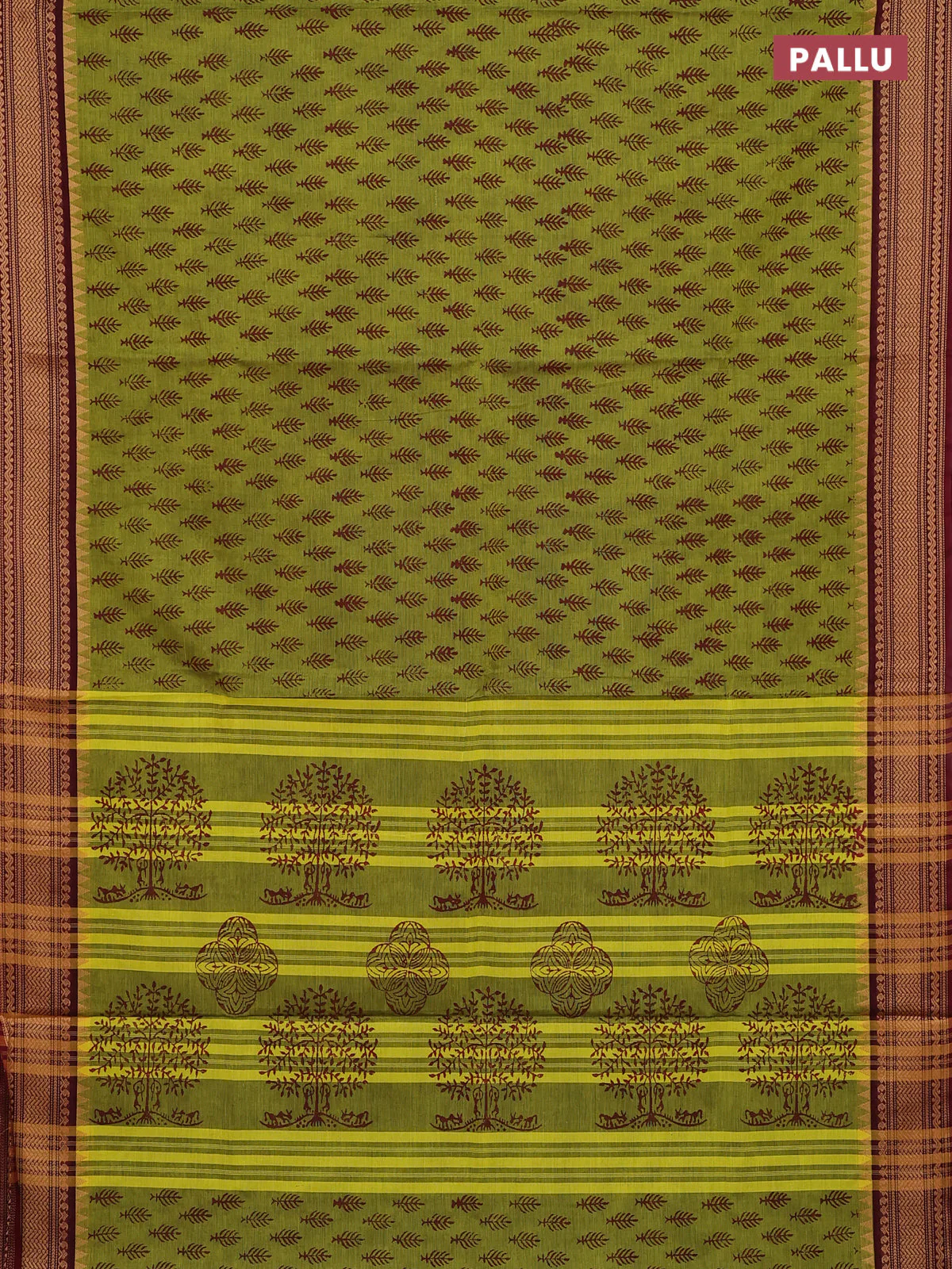 Chettinad cotton saree light green and maroon with allover butta prints and thread woven border - Image 3