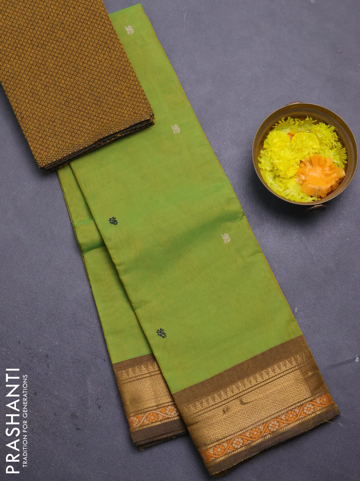 Chettinad cotton saree light green and mustard yellow with thread woven buttas and thread & zari woven border