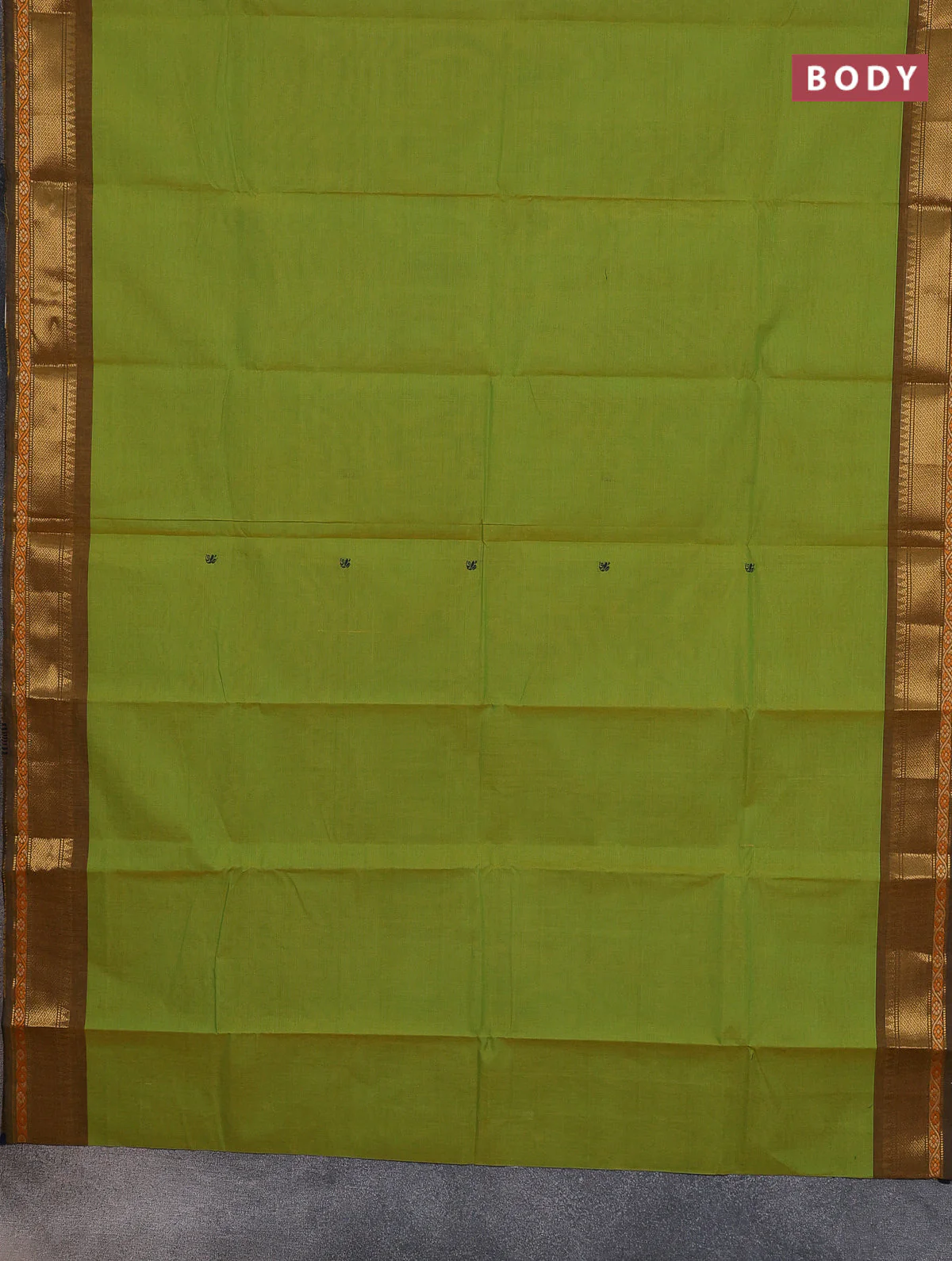 Chettinad cotton saree light green and mustard yellow with thread woven buttas and thread & zari woven border - Image 2