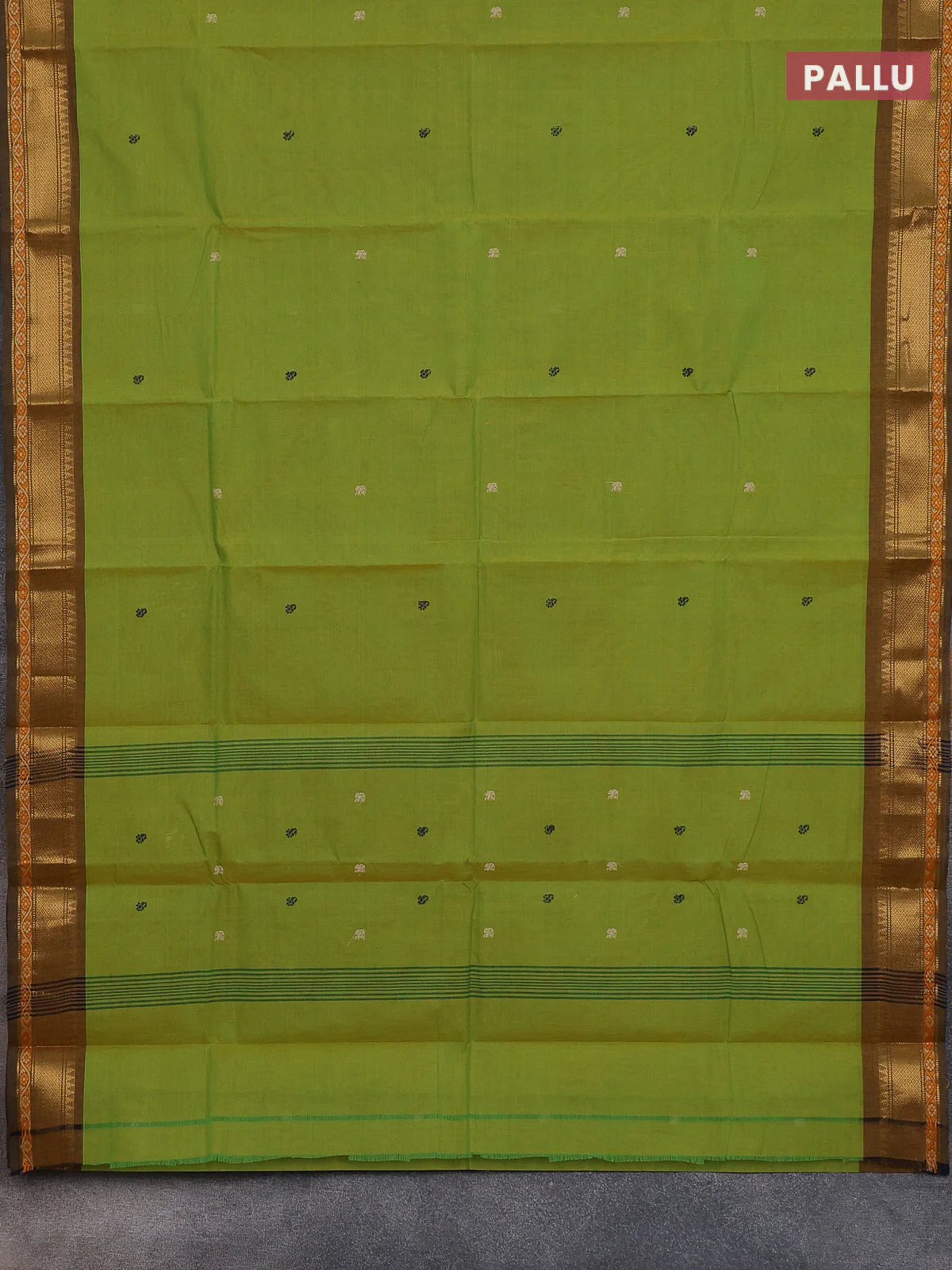 Chettinad cotton saree light green and mustard yellow with thread woven buttas and thread & zari woven border - Image 3