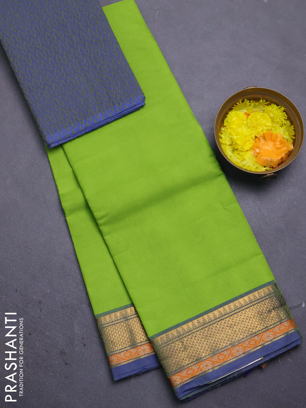 Chettinad cotton saree light green and navy blue with plain body and thread & zari woven border