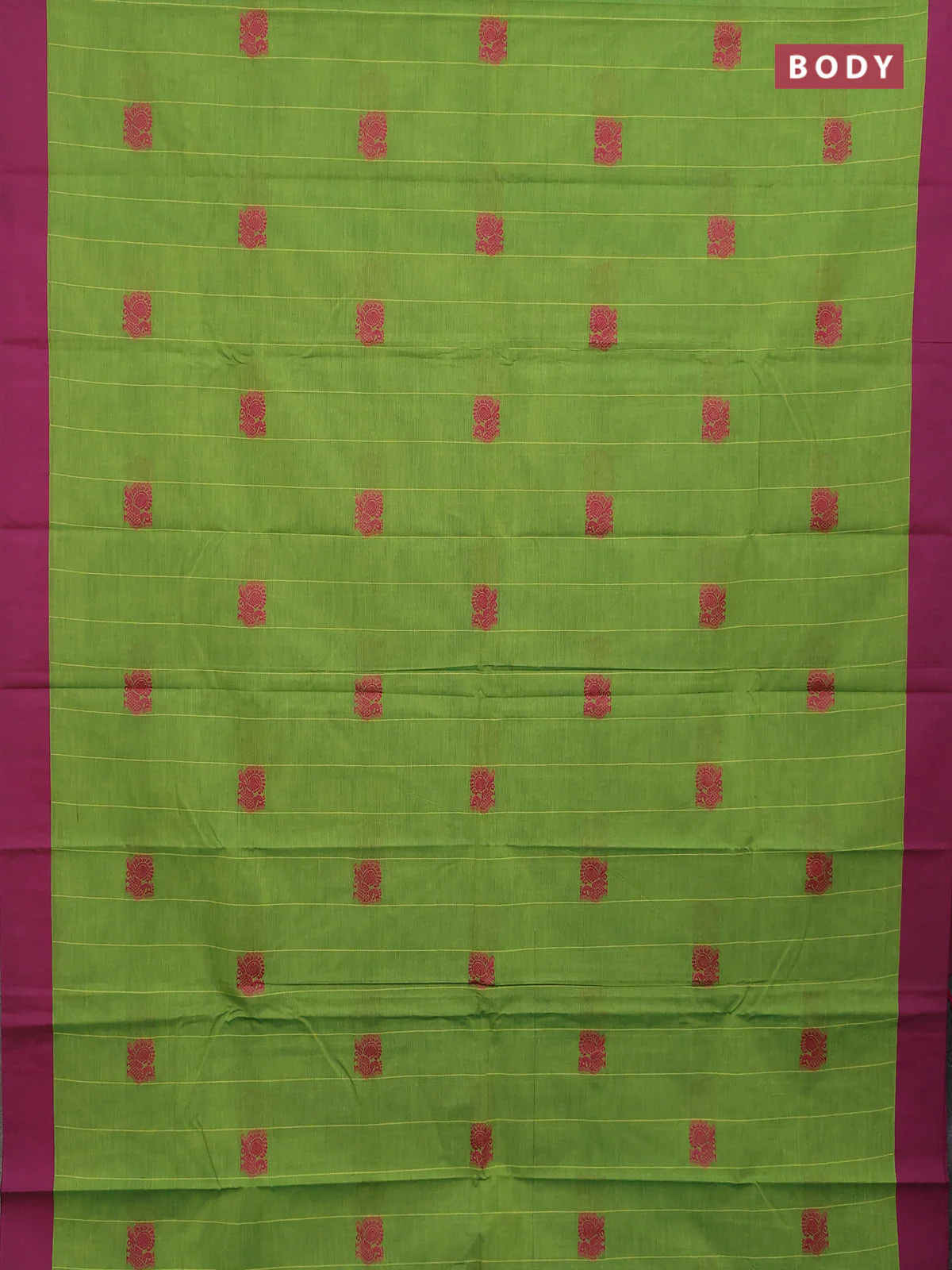 Chettinad cotton saree light green and pink with allover stripe pattern and simple border - Image 2