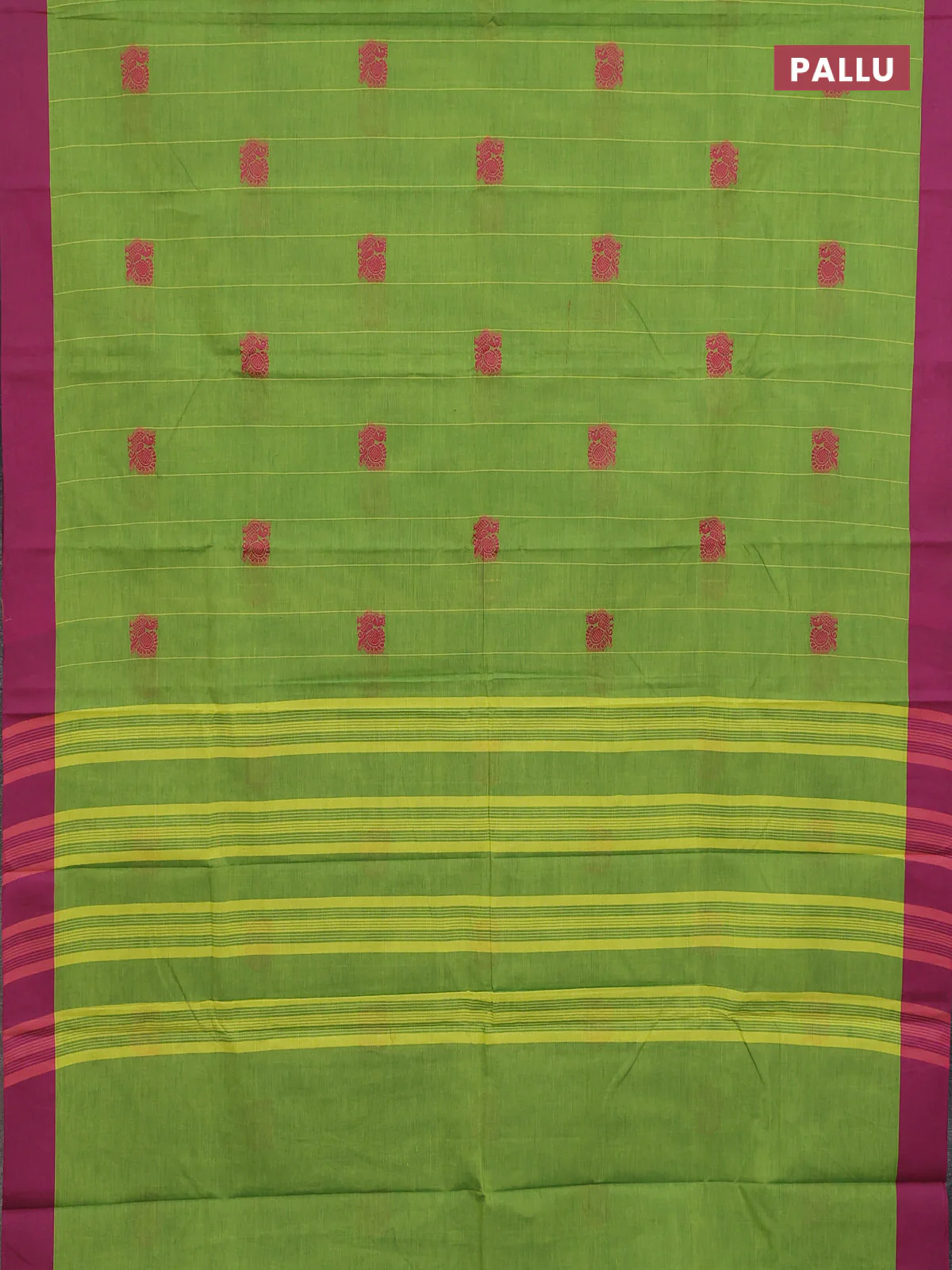Chettinad cotton saree light green and pink with allover stripe pattern and simple border - Image 3