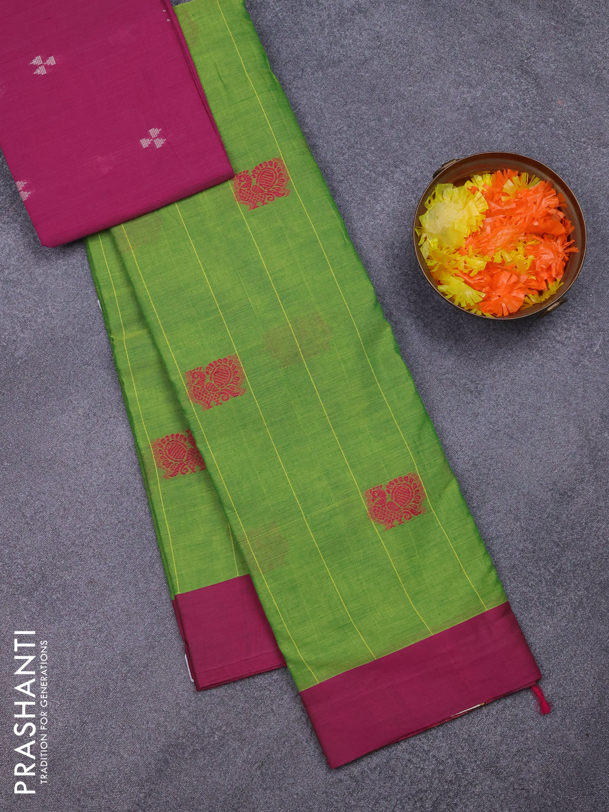 Chettinad cotton saree light green and pink with stripes pattern & annam thread woven buttas and simple border