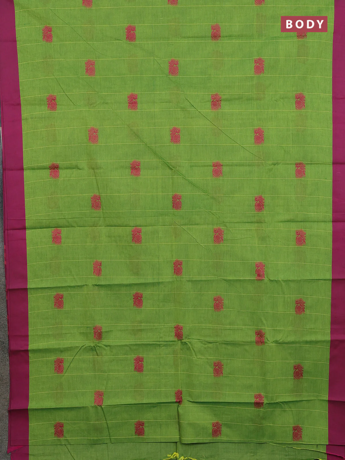 Chettinad cotton saree light green and pink with stripes pattern & annam thread woven buttas and simple border - Image 2
