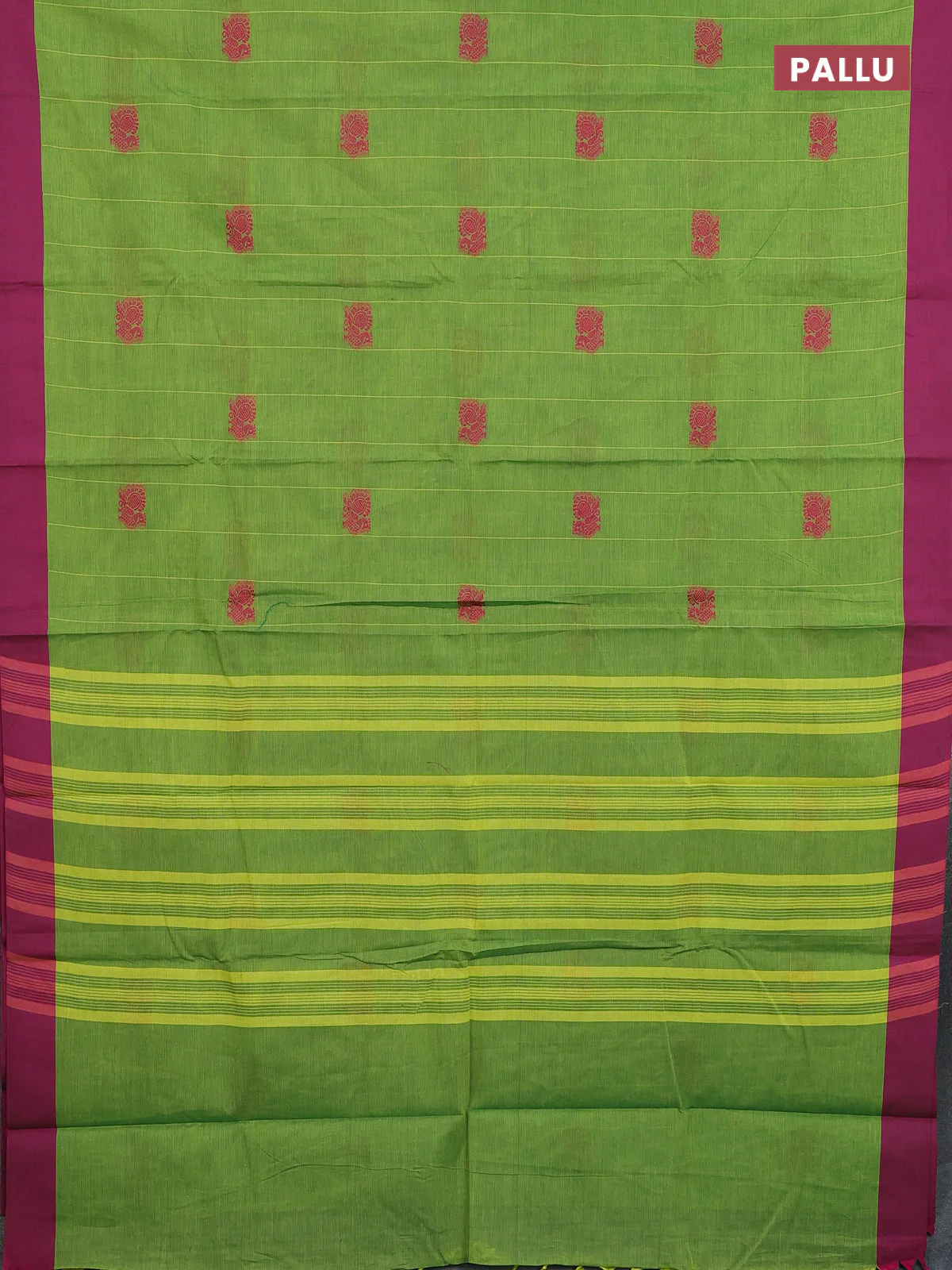 Chettinad cotton saree light green and pink with stripes pattern & annam thread woven buttas and simple border - Image 3