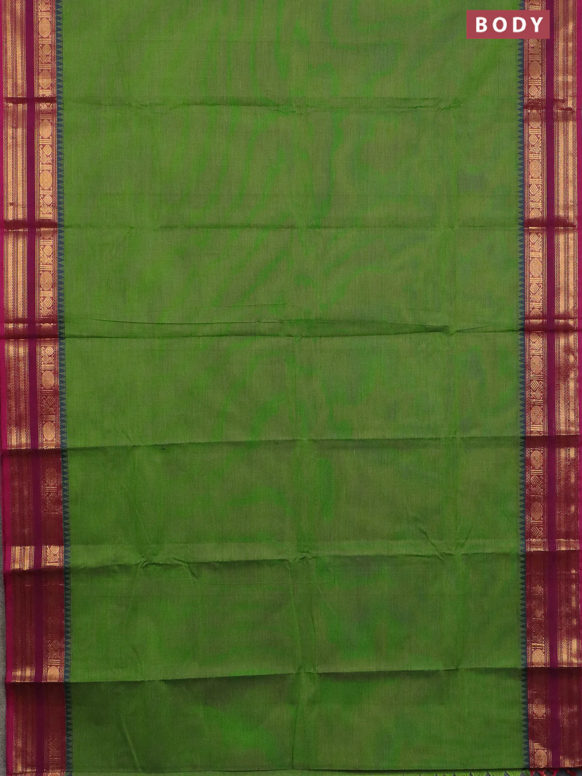 Chettinad cotton saree light green and purple with plain body and temple design rettapet zari woven border - Image 2