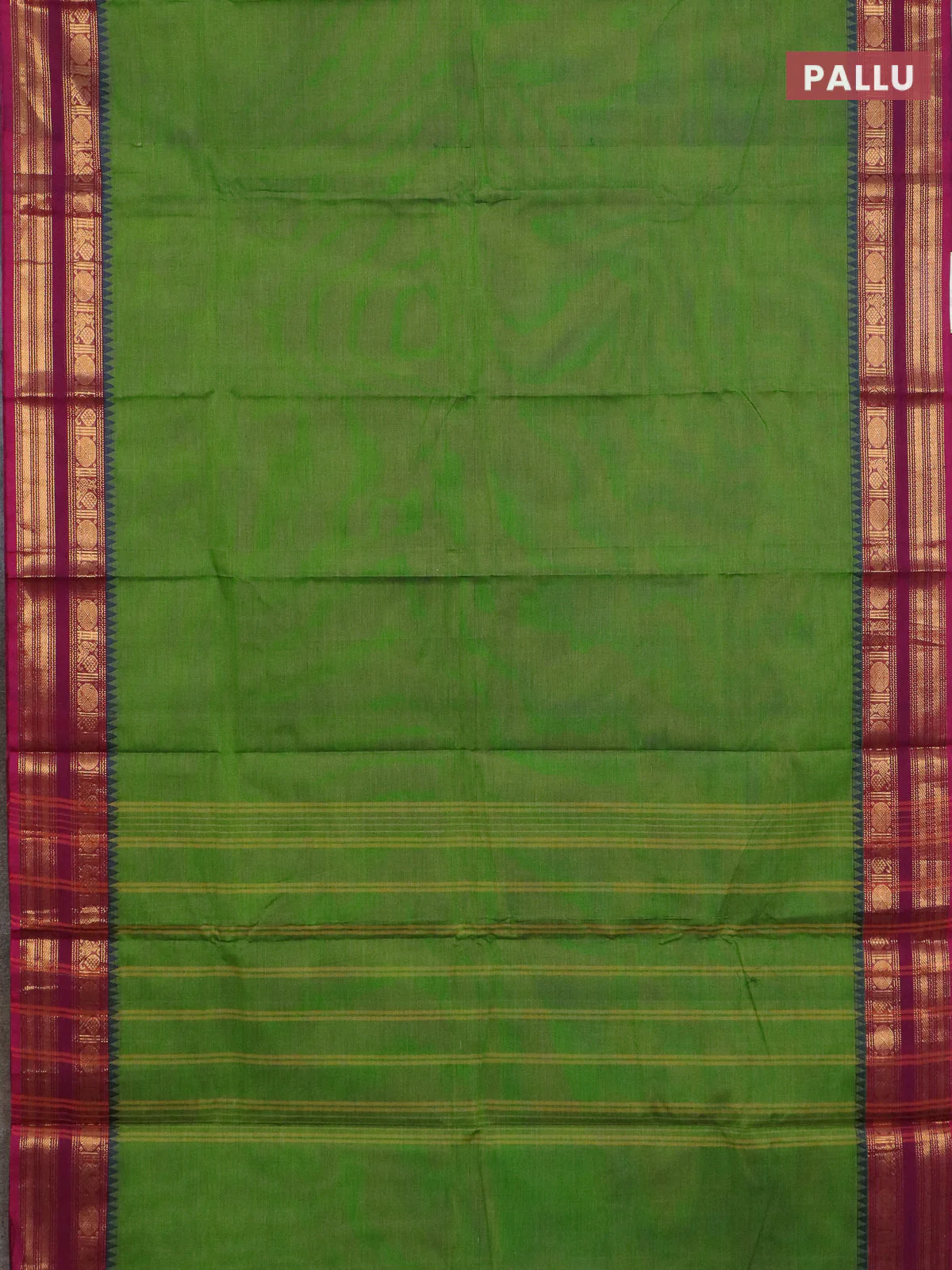 Chettinad cotton saree light green and purple with plain body and temple design rettapet zari woven border - Image 3