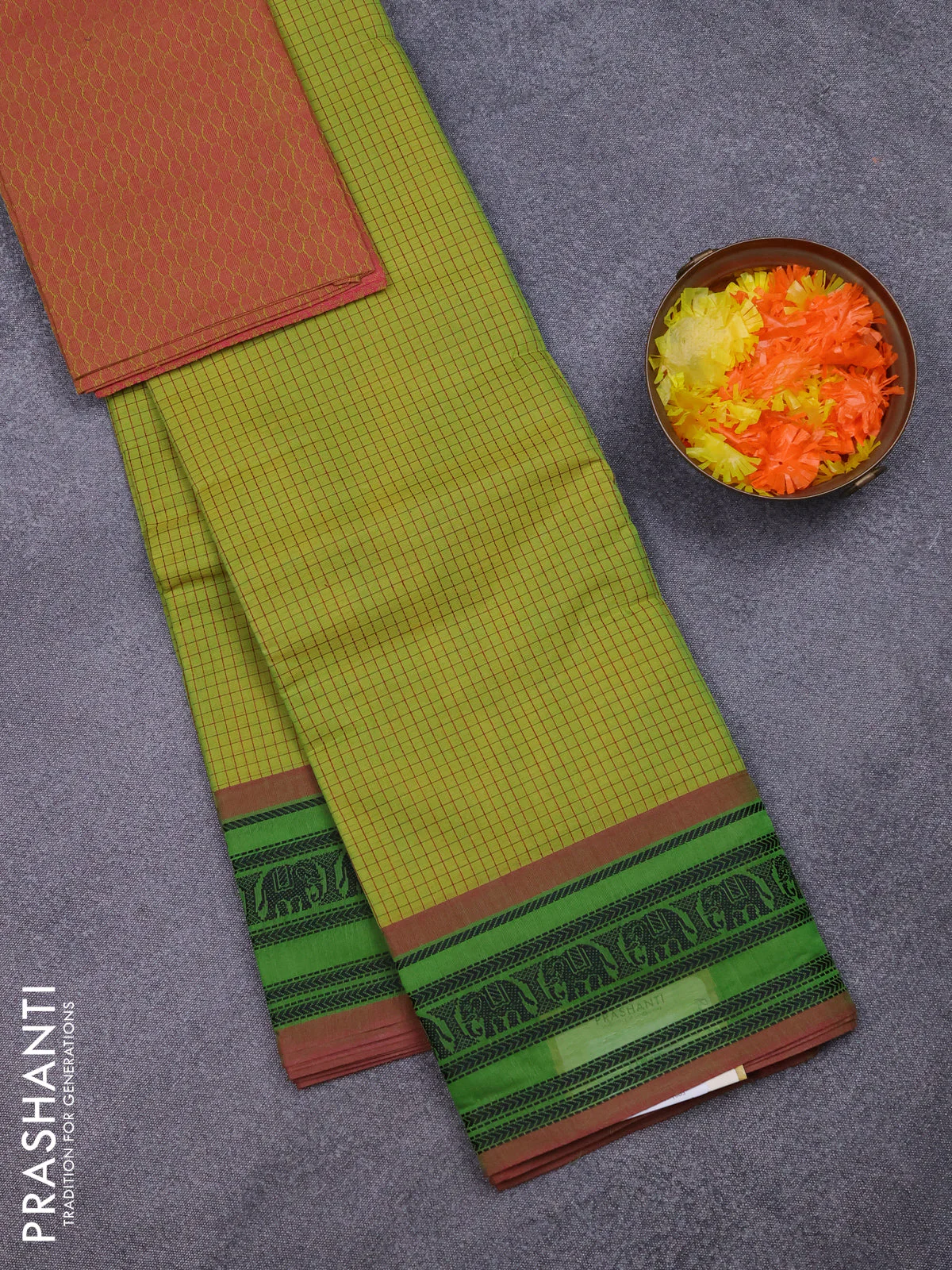 Chettinad cotton saree lime green and dual shade pink with allover checked pattern and thread woven border