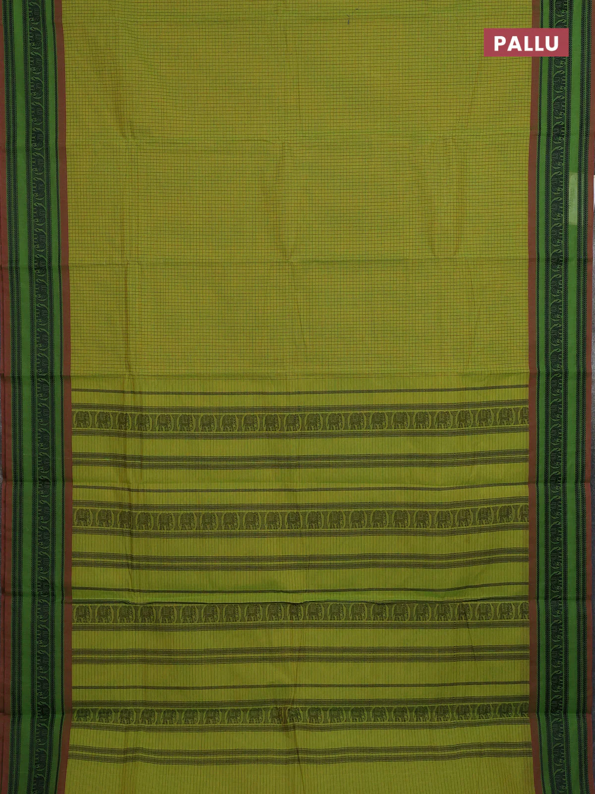 Chettinad cotton saree lime green and dual shade pink with allover checked pattern and thread woven border - Image 3