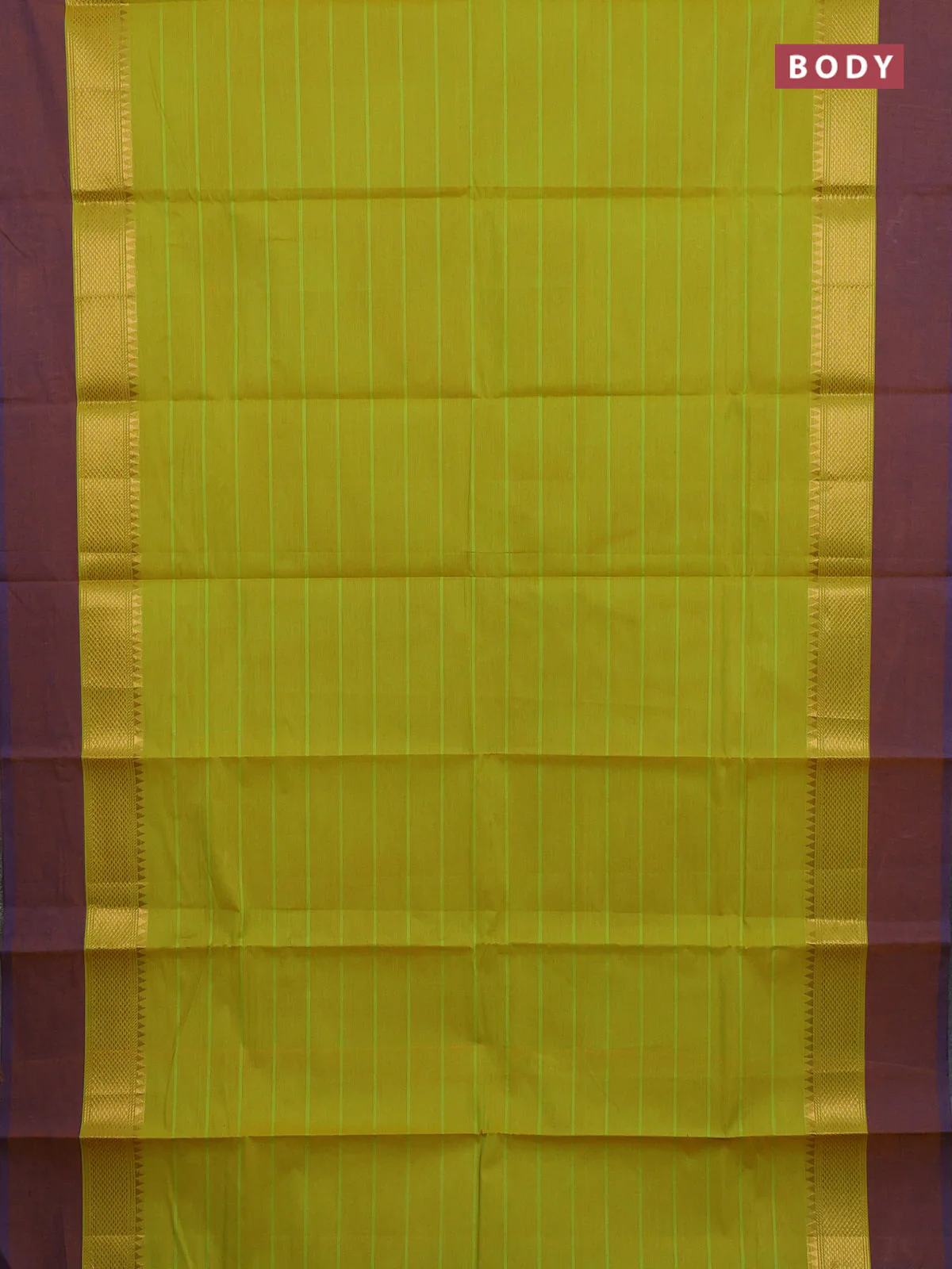 Chettinad cotton saree lime green and mustard shade with allover stripes pattern and temple zari woven simple border - Image 2