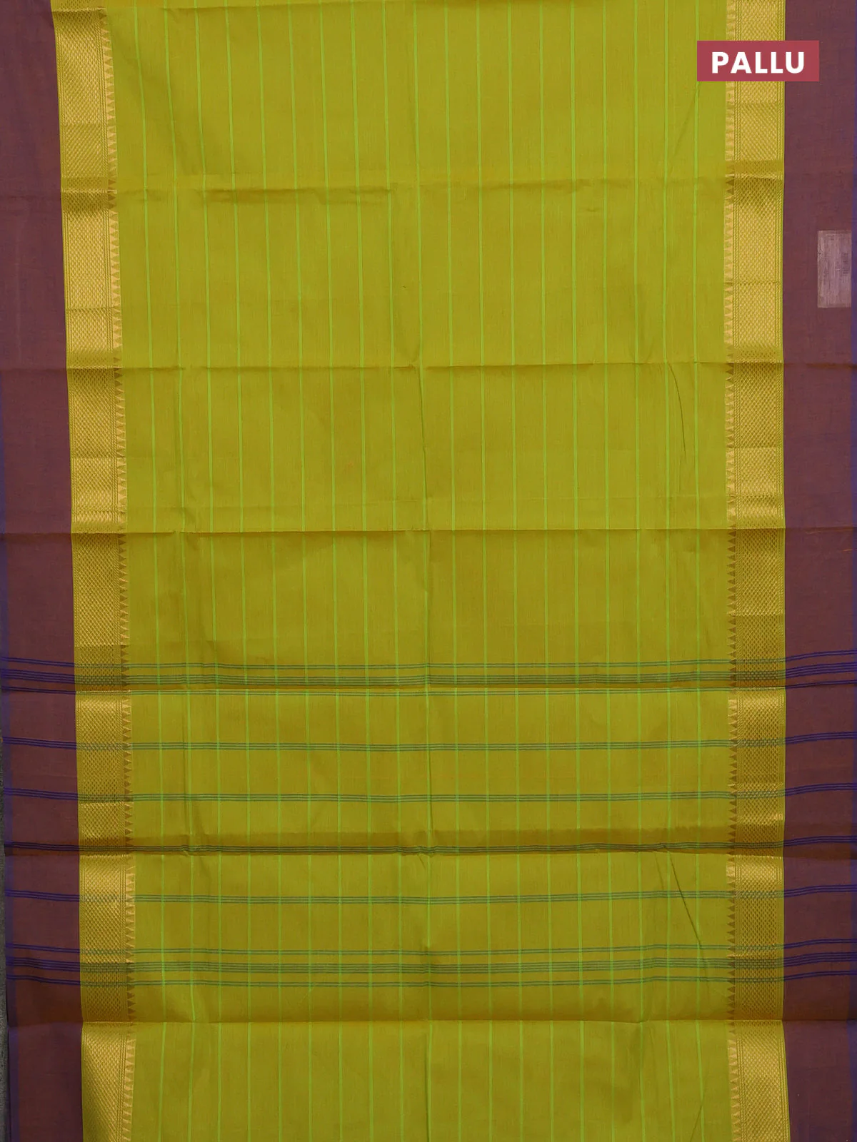 Chettinad cotton saree lime green and mustard shade with allover stripes pattern and temple zari woven simple border - Image 3