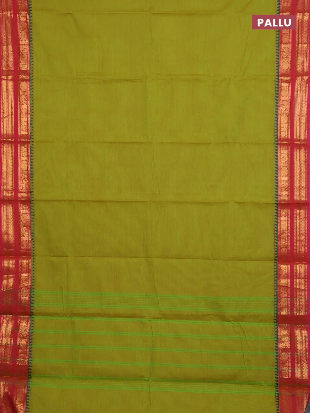 Chettinad cotton saree lime green and pink with plain body and temple design rettapet zari woven border - Image 3