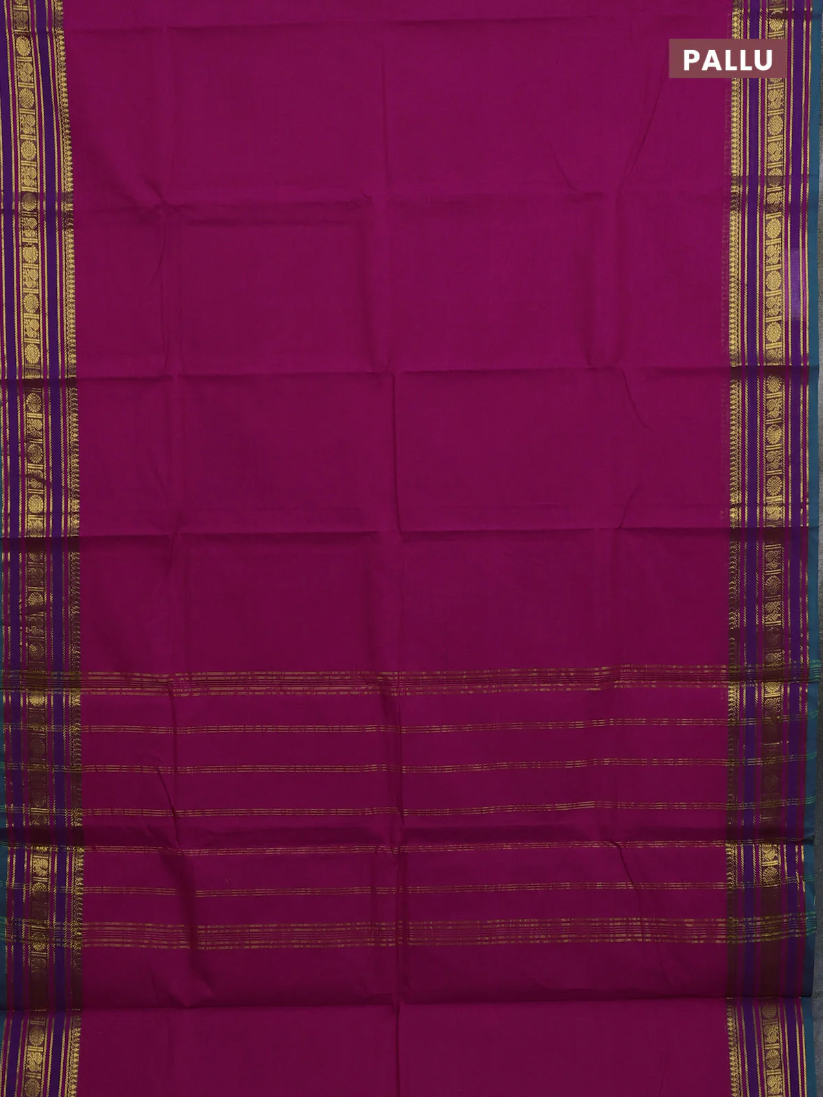 Chettinad cotton saree magenta pink and green with plain body and rettapet zari woven butta border - Image 3