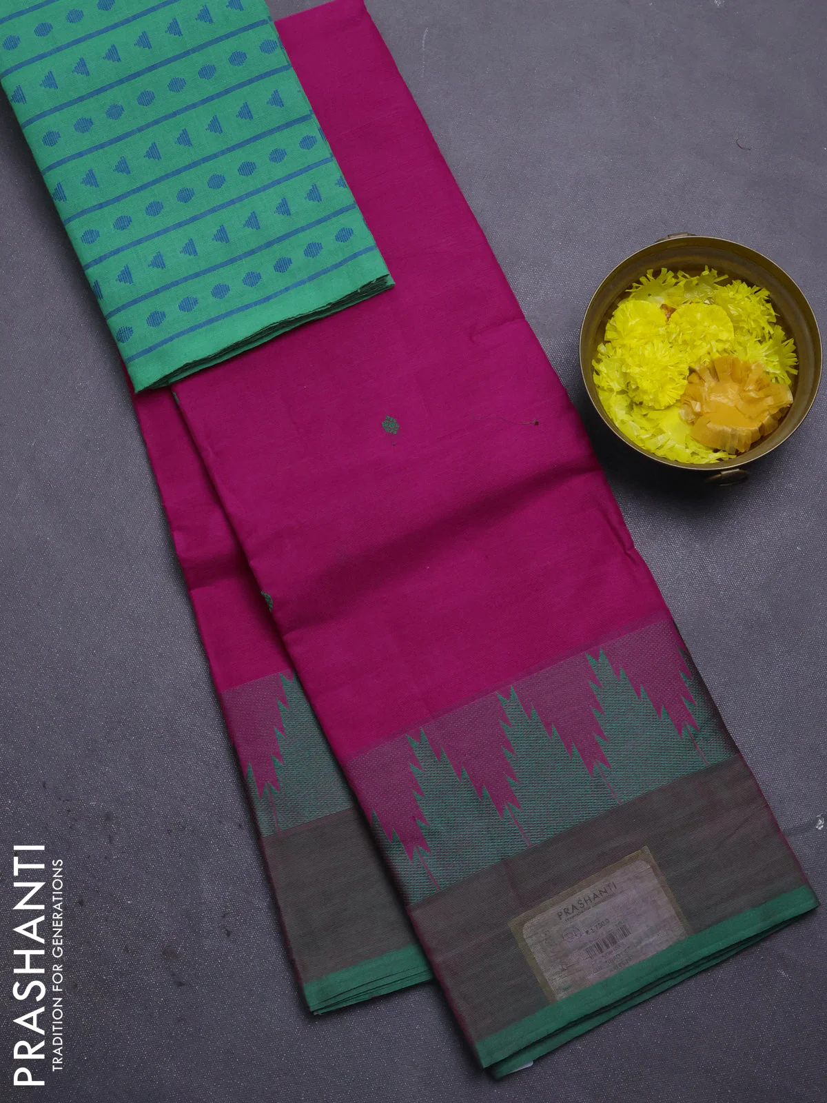 Chettinad cotton saree magenta pink and green with thread woven buttas and temple design simple border