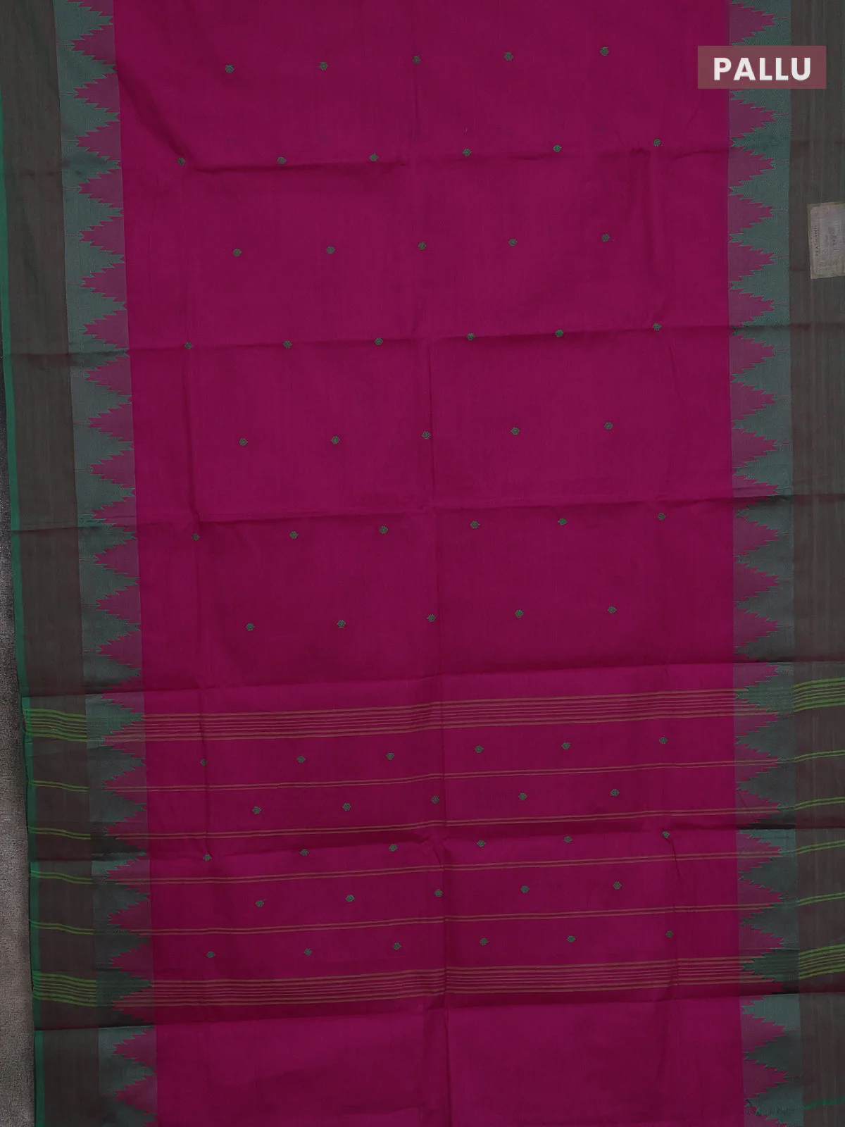Chettinad cotton saree magenta pink and green with thread woven buttas and temple design simple border - Image 3