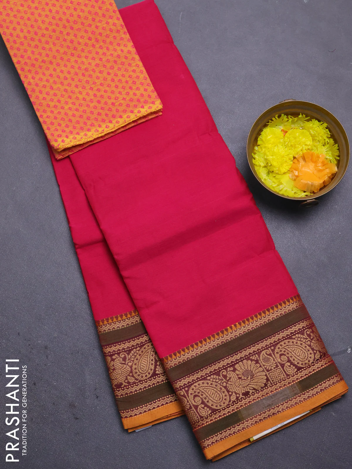 Chettinad cotton saree magenta pink and mustard yellow with plain body and thread woven border