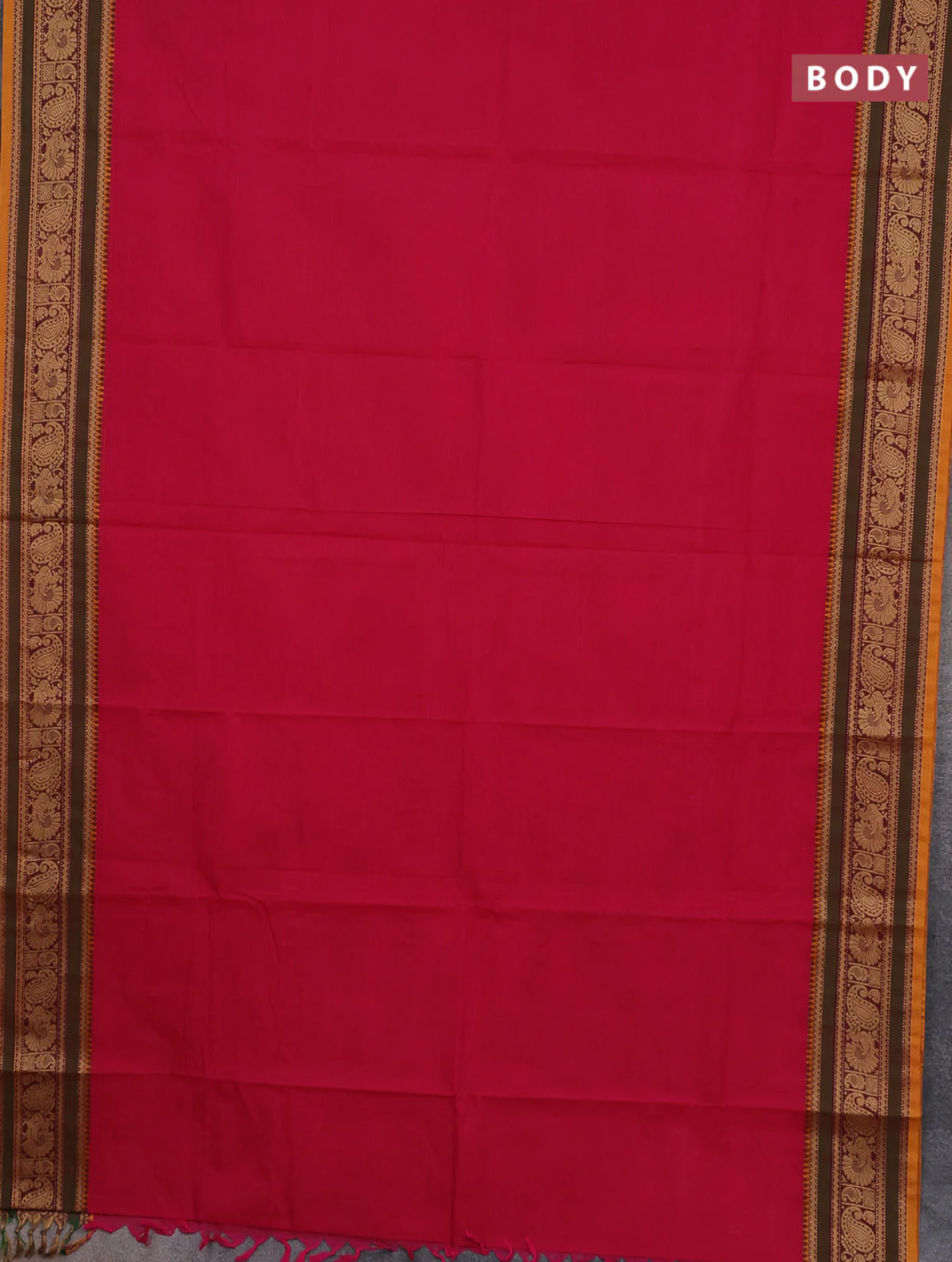 Chettinad cotton saree magenta pink and mustard yellow with plain body and thread woven border - Image 2