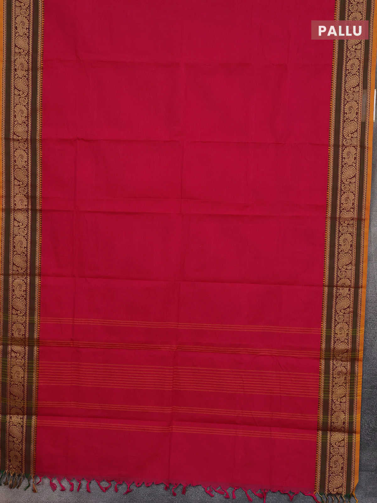Chettinad cotton saree magenta pink and mustard yellow with plain body and thread woven border - Image 3