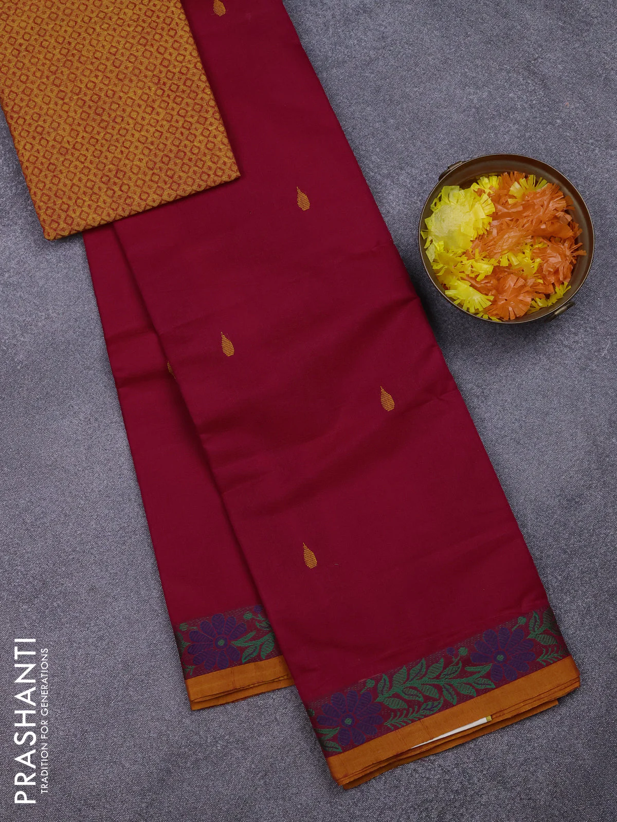 Chettinad cotton saree magenta pink and mustard yellow with thread woven buttas and thread woven border