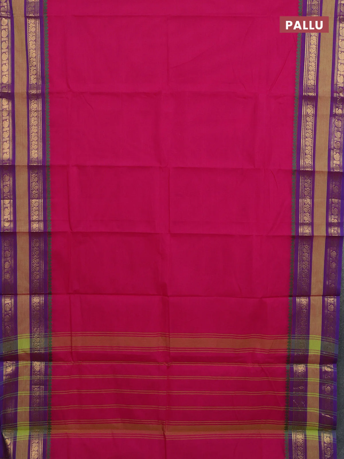 Chettinad cotton saree magenta pink and purple with plain body and rettapet zari woven border - Image 3