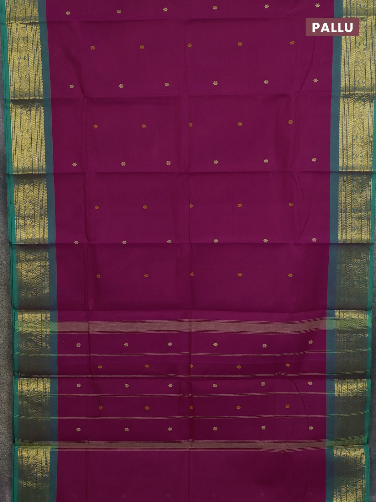 Chettinad cotton saree magenta pink and teal green with thread woven buttas and zari woven border - Image 3