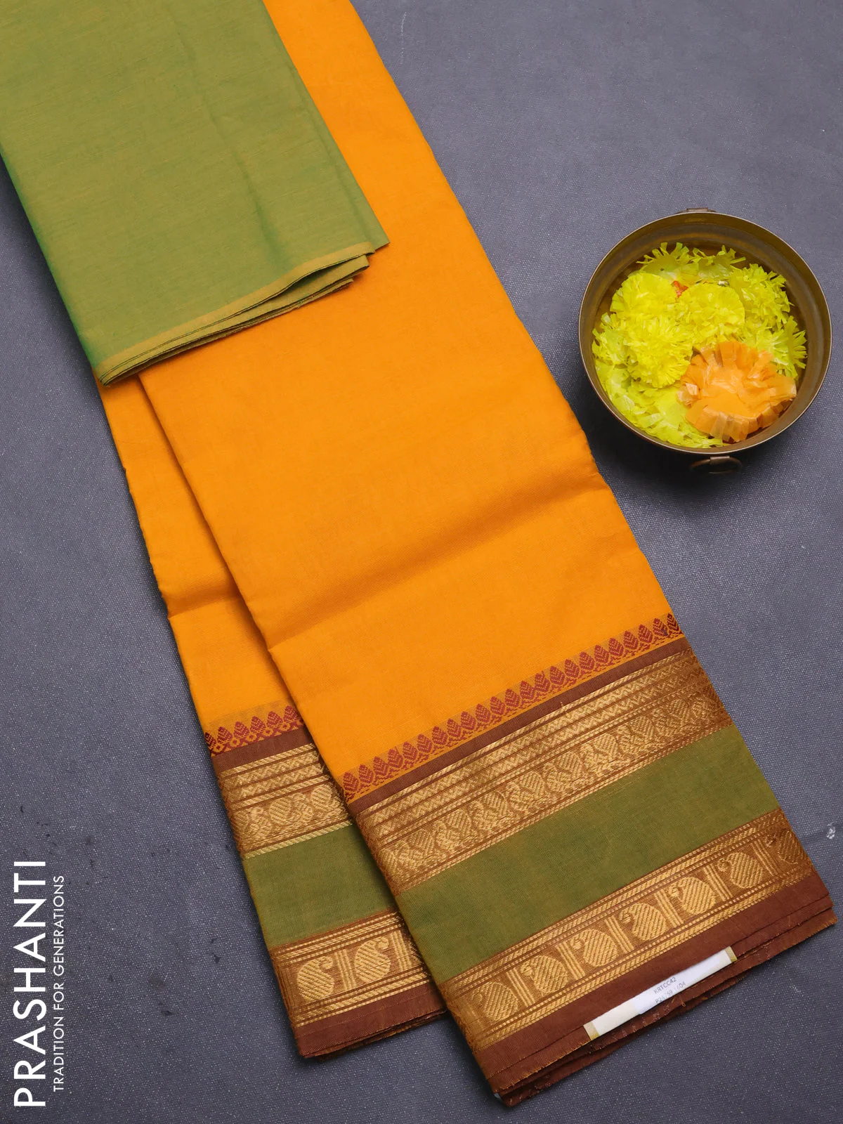 Chettinad cotton saree mango yellow and light green with plain body and rettapet zari woven border
