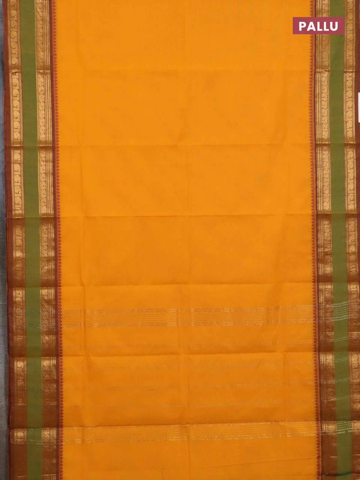 Chettinad cotton saree mango yellow and light green with plain body and rettapet zari woven border - Image 3