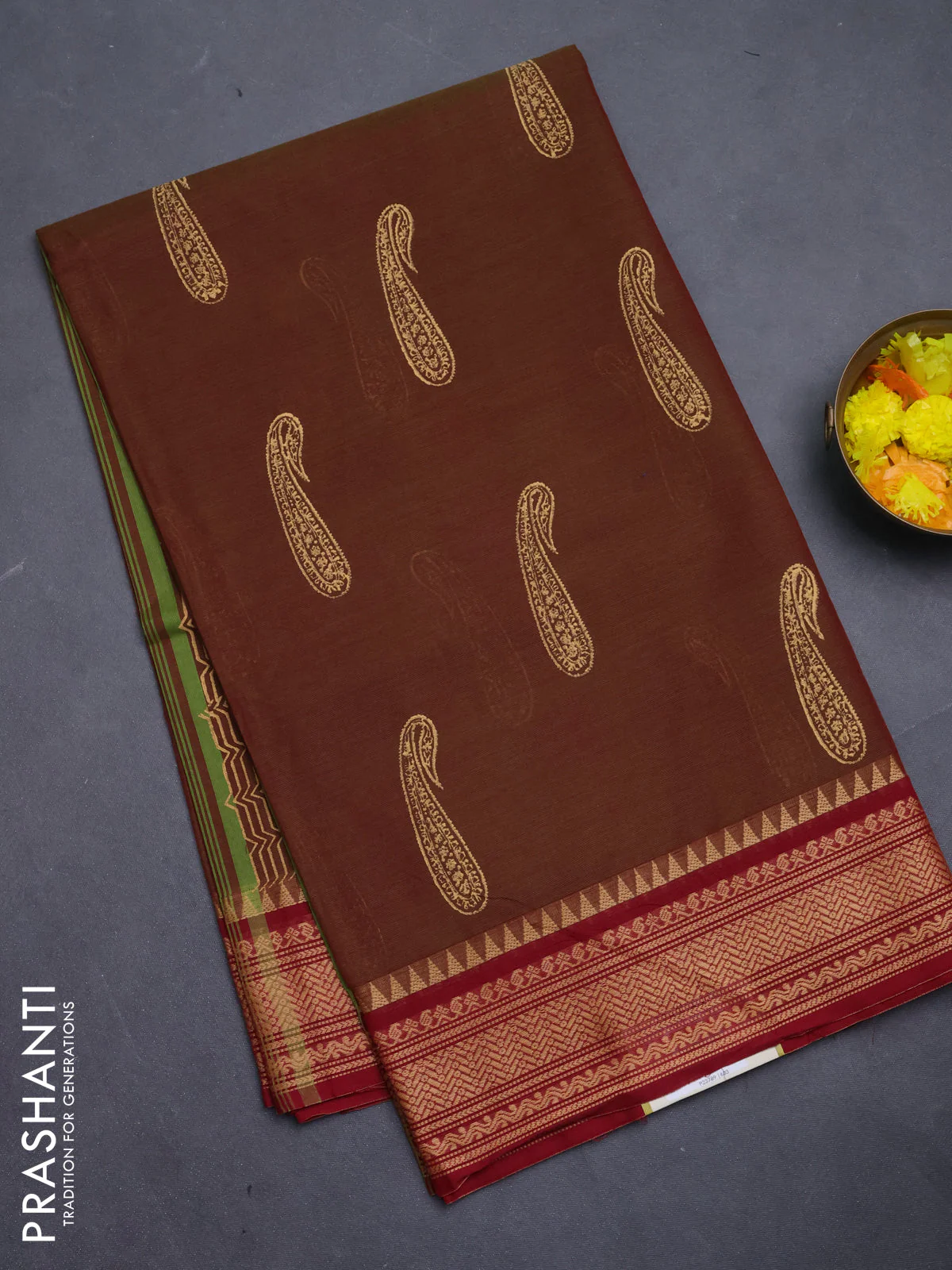 Chettinad cotton saree manthulir green and maroon with paisley butta prints and thread woven border