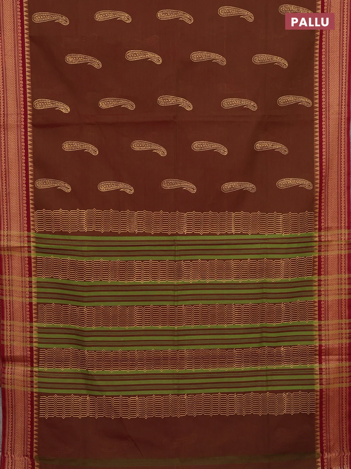 Chettinad cotton saree manthulir green and maroon with paisley butta prints and thread woven border - Image 3