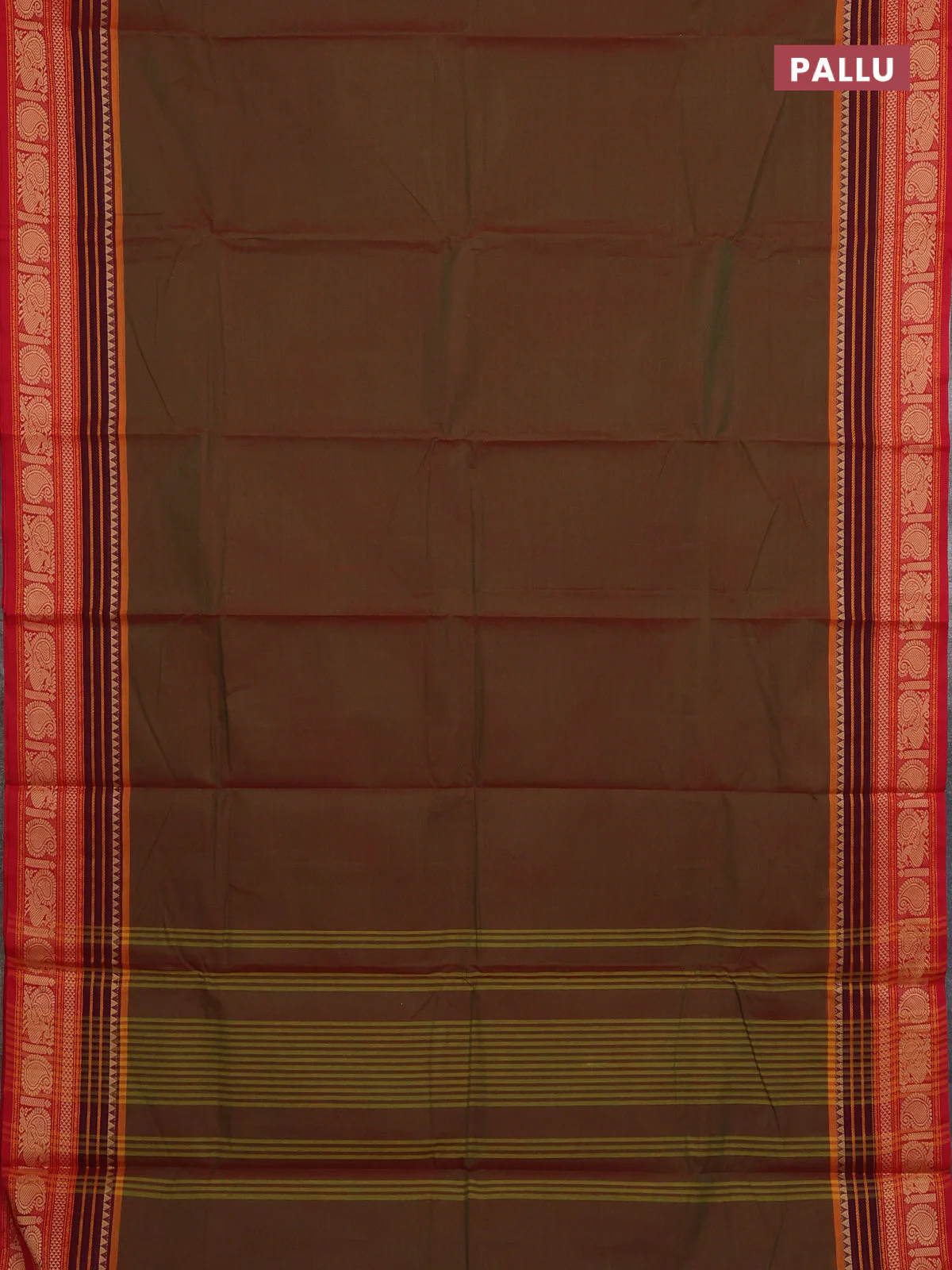 Chettinad cotton saree manthulir green and red with plain body and thread woven border - Image 3