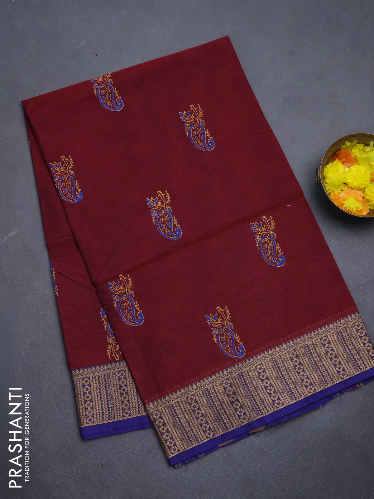 Chettinad cotton saree maroon and blue with paisley prints and thread woven border