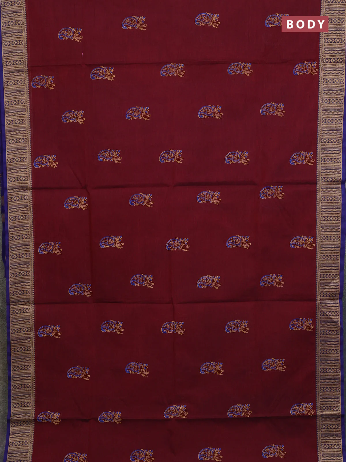 Chettinad cotton saree maroon and blue with paisley prints and thread woven border - Image 2
