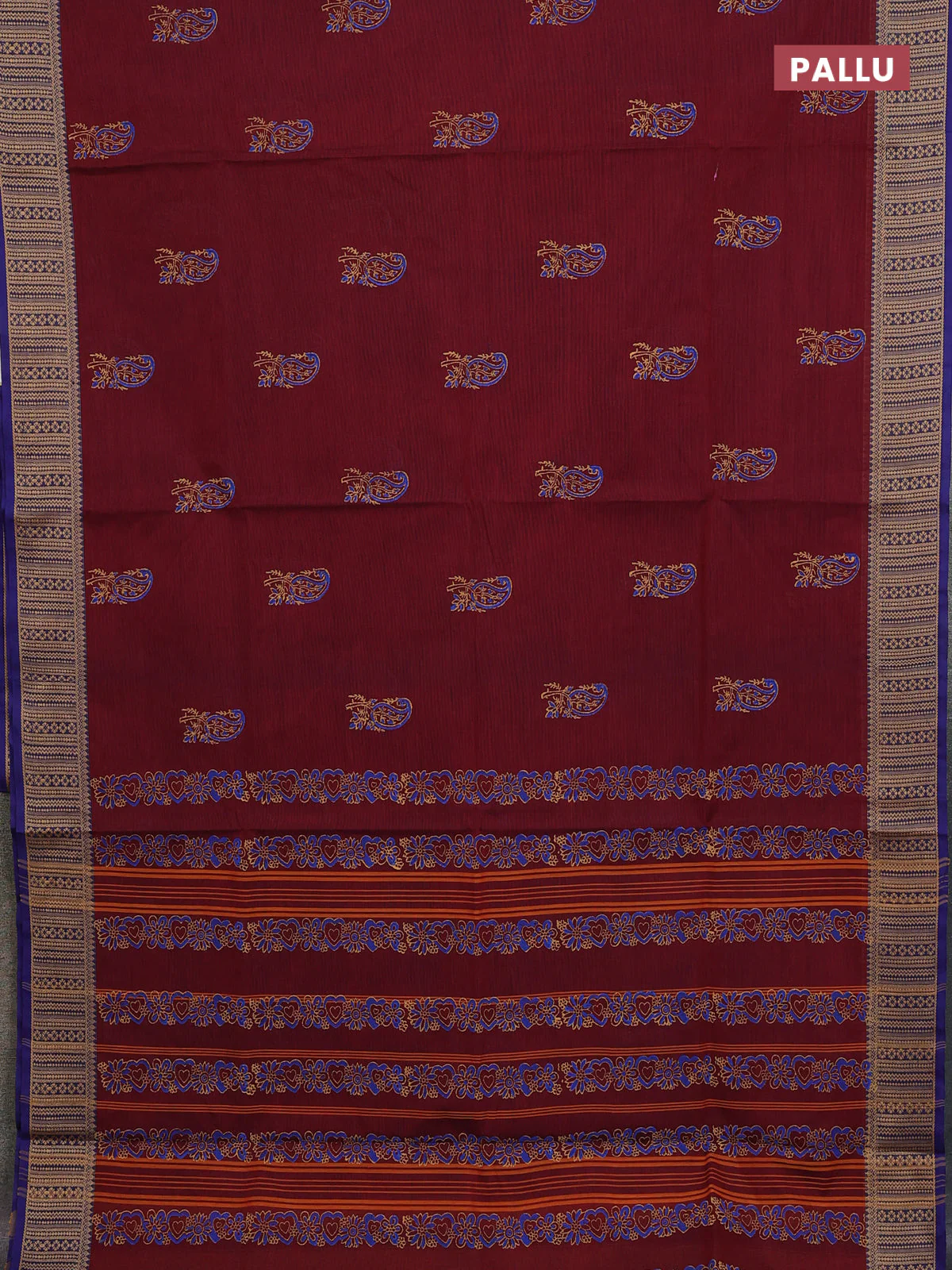 Chettinad cotton saree maroon and blue with paisley prints and thread woven border - Image 3