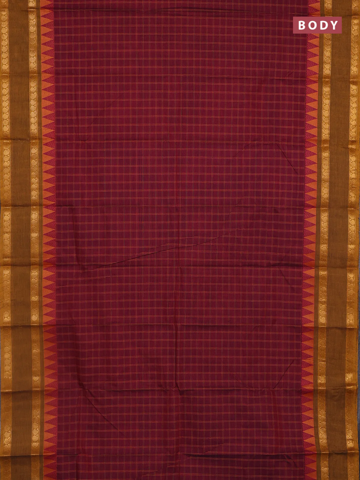 Chettinad cotton saree maroon and green with allover checked pattern and temple design paisley zari woven border - Image 2