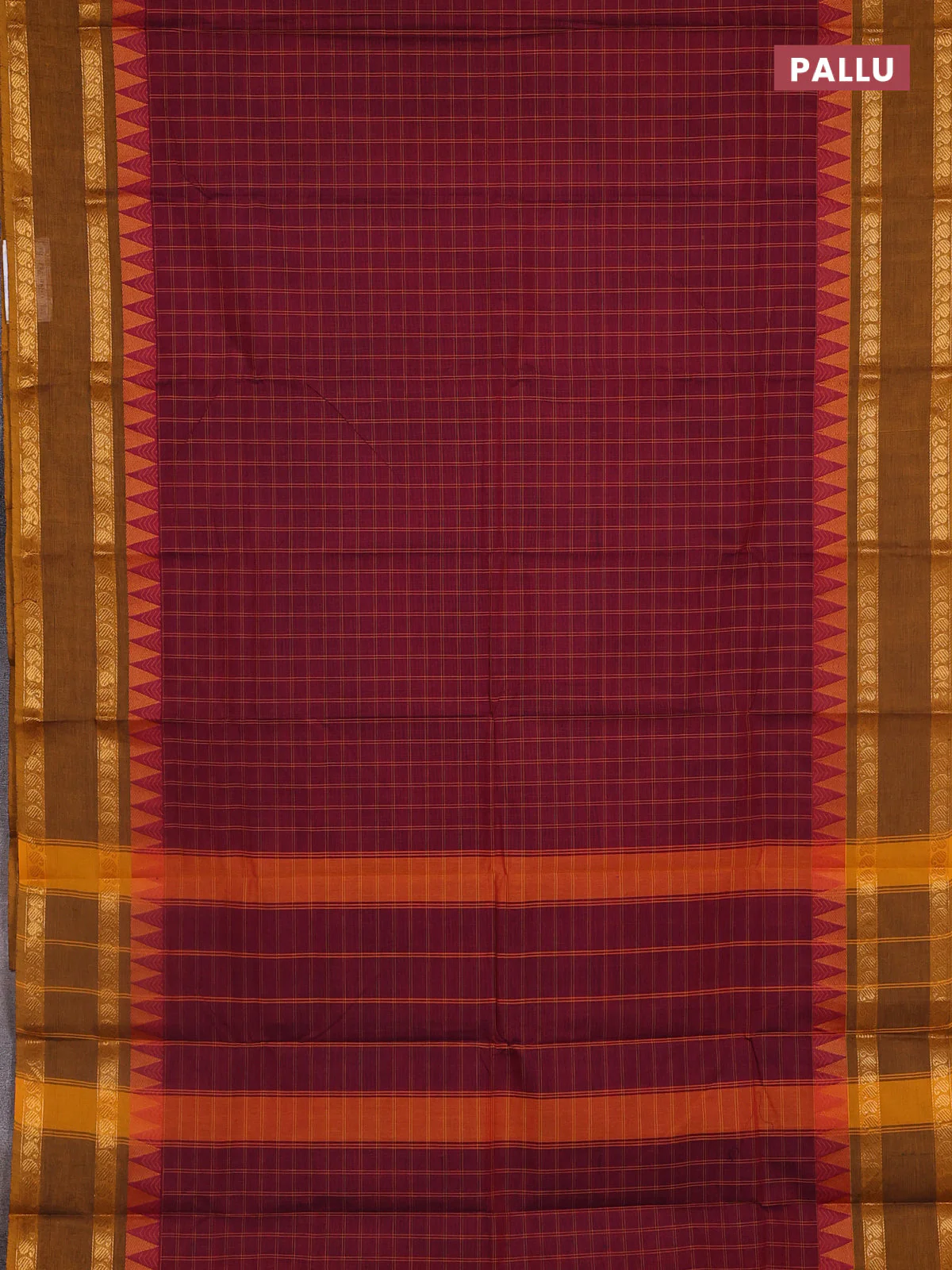 Chettinad cotton saree maroon and green with allover checked pattern and temple design paisley zari woven border - Image 3