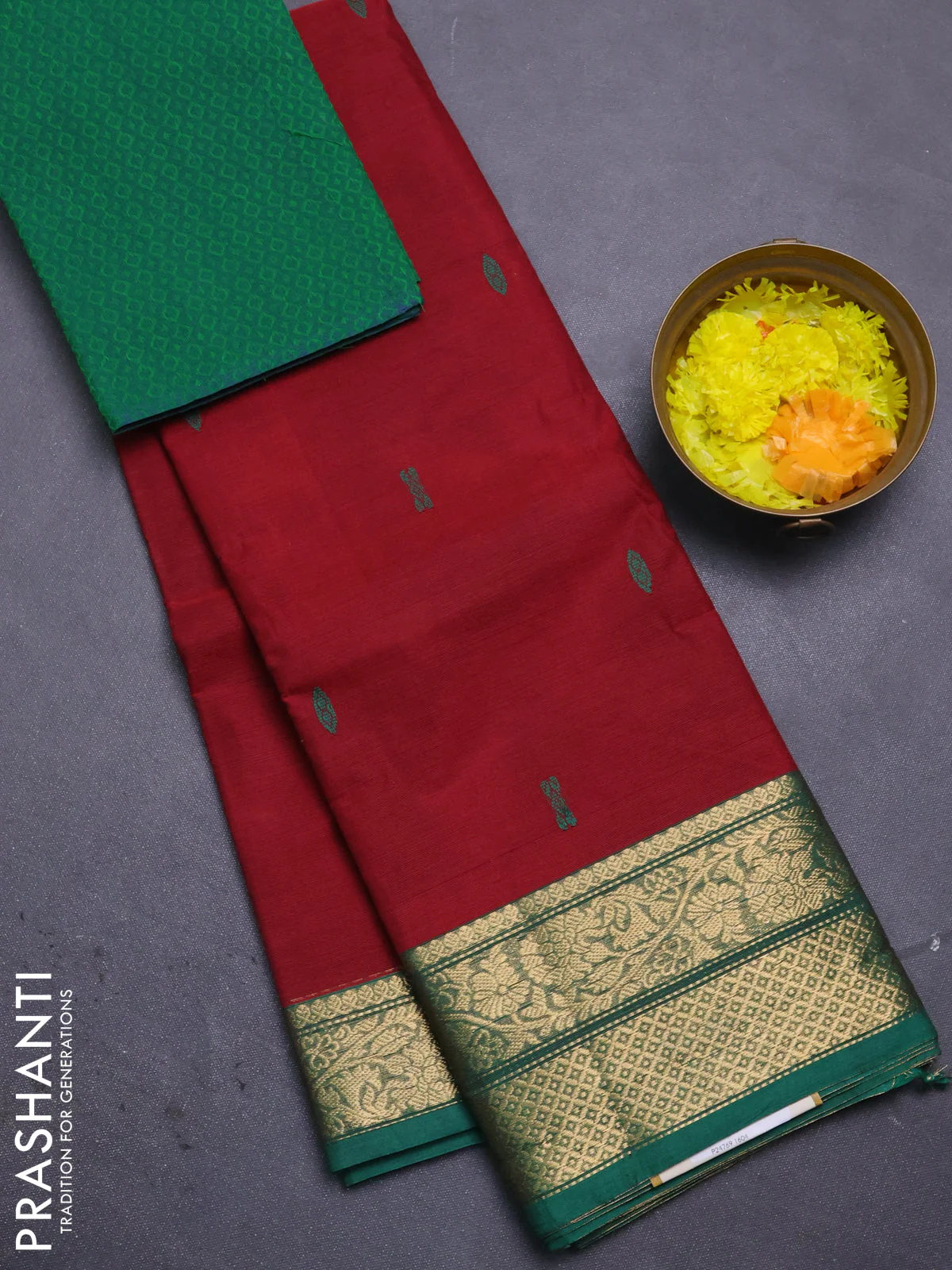 Chettinad cotton saree maroon and green with thread woven buttas and zari woven border