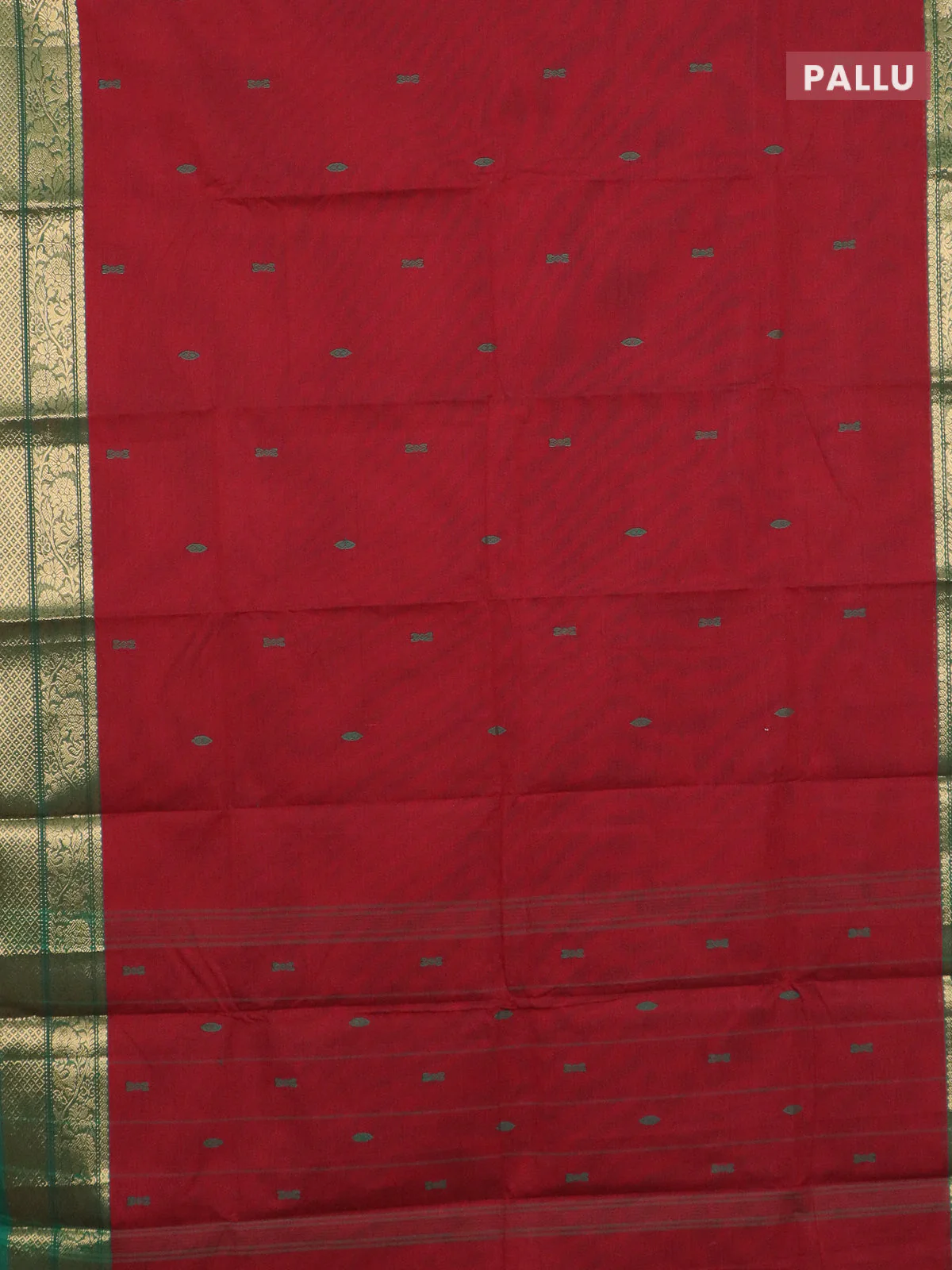 Chettinad cotton saree maroon and green with thread woven buttas and zari woven border - Image 3