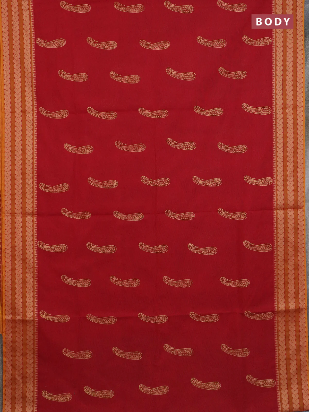 Chettinad cotton saree maroon and mustard yellow with paisley butta prints and thread woven border - Image 2
