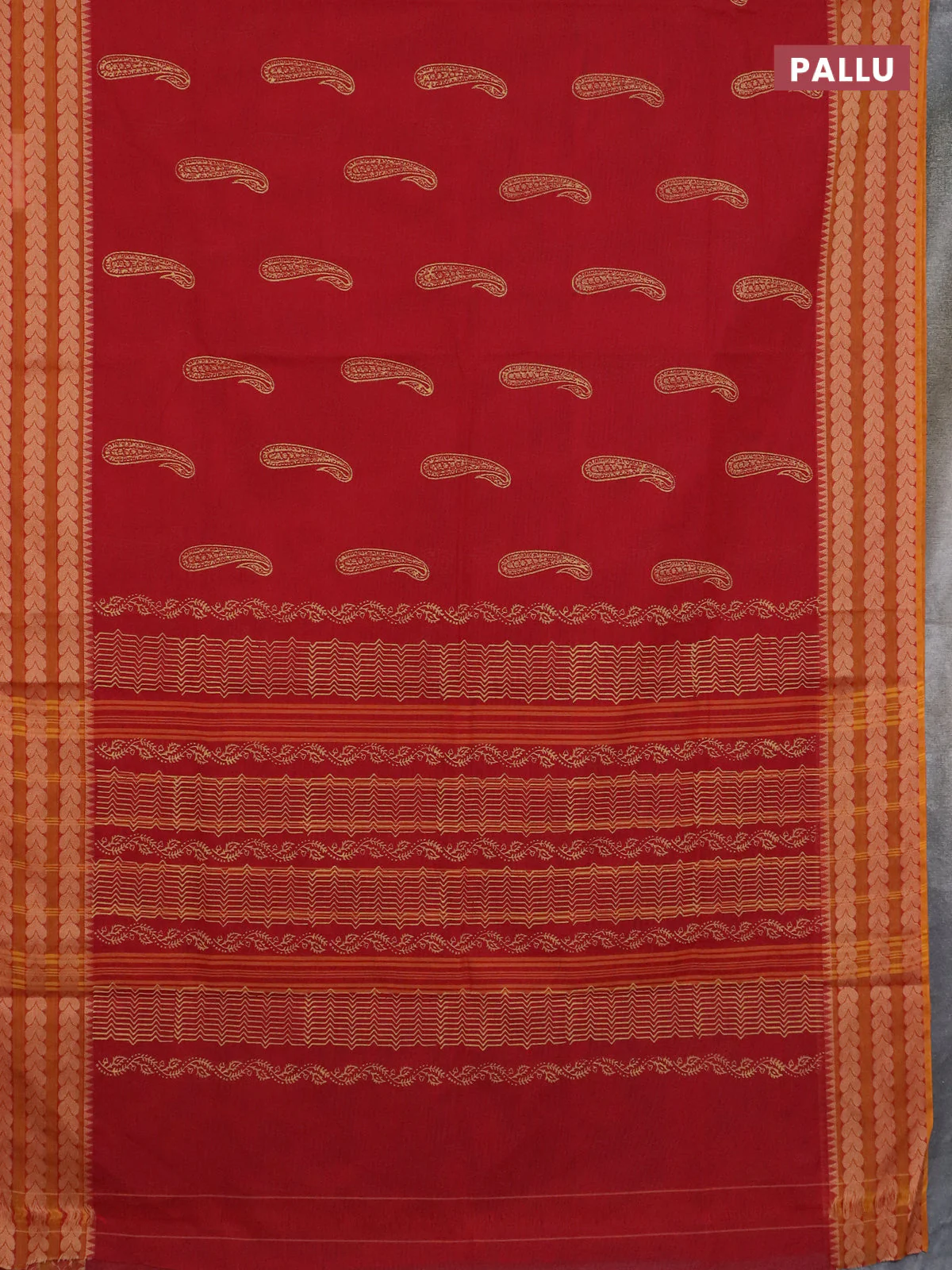 Chettinad cotton saree maroon and mustard yellow with paisley butta prints and thread woven border - Image 3