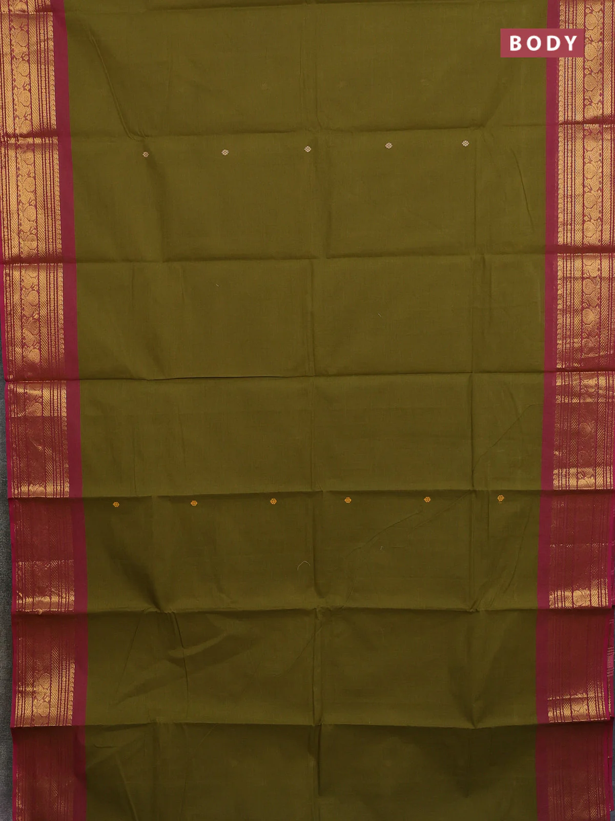 Chettinad cotton saree mehendi green and pink with thread woven buttas and zari woven border - Image 2